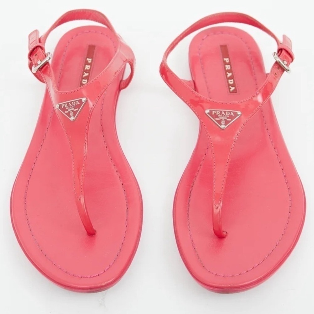 Prada Triangle Logo T Strap Patent Leather Pink Thong Flat Sandals